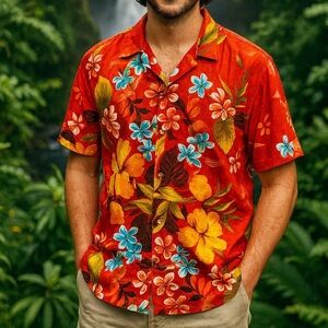 Vintage Sears Hawaii Red Floral Print Button Front Hawaiian Shirt Men L Casual